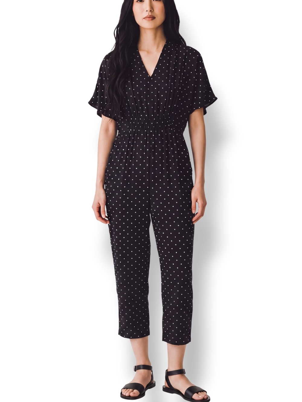 Whistles Black White Polka Dot Cropped Jumpsuit Dolman Sleeve Pockets S